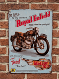 Vintage-style light blue metal wall sign featuring a 1954 Royal Enfield Meteor 700 motorcycle advertisement with a distressed, rusted border