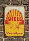 Vintage-style vertical metal wall sign featuring the red and yellow Shell scallop logo on a distressed cream and yellow background with the slogan 'Fill up from the pump!' and rusted edges