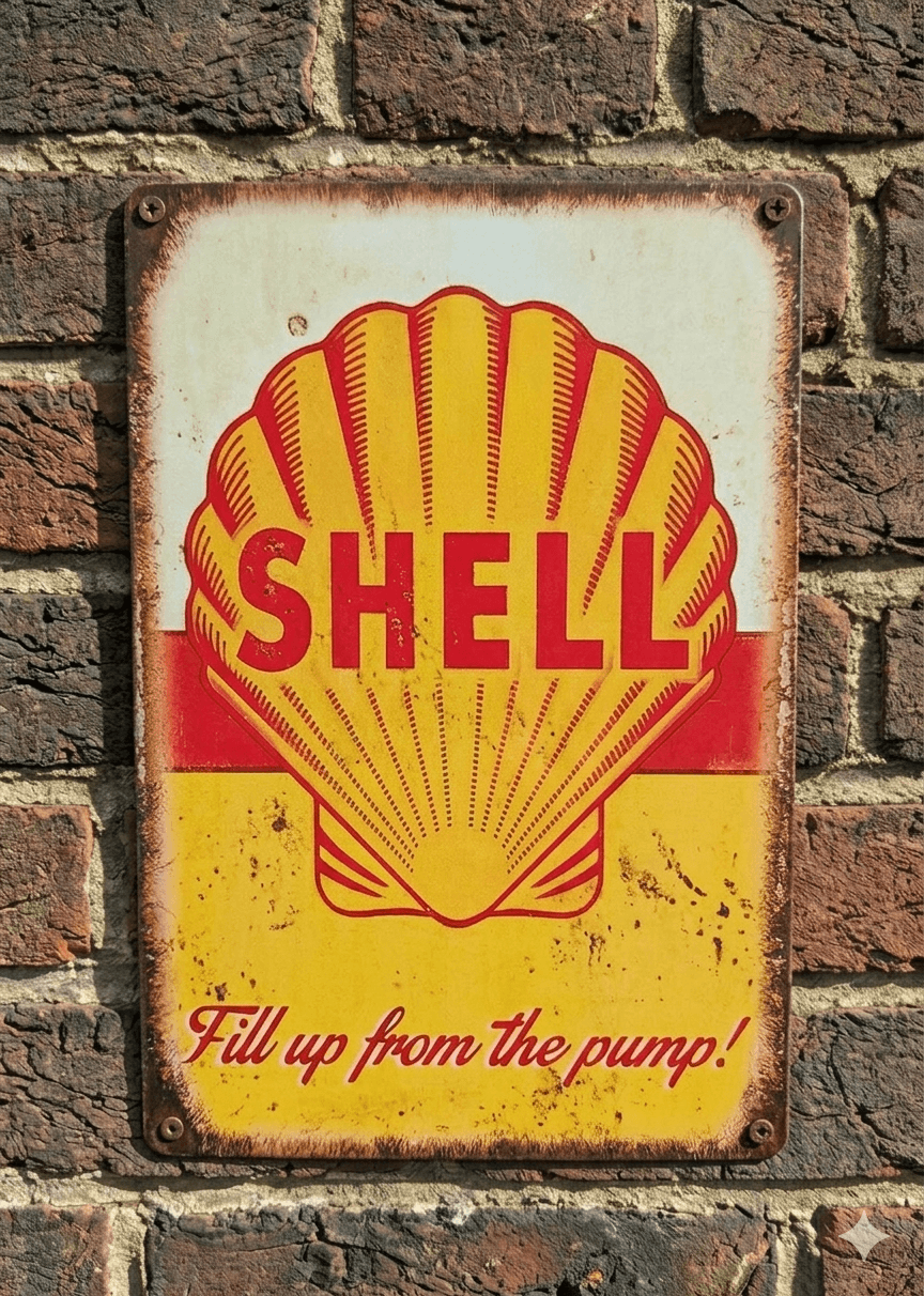 Vintage-style vertical metal wall sign featuring the red and yellow Shell scallop logo on a distressed cream and yellow background with the slogan 'Fill up from the pump!' and rusted edges