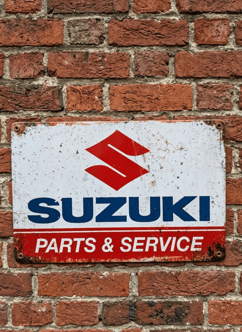 Vintage-style landscape metal wall sign for Suzuki Parts & Service, featuring the iconic red 'S' logo on a distressed white and red background with rusted, weathered edges.