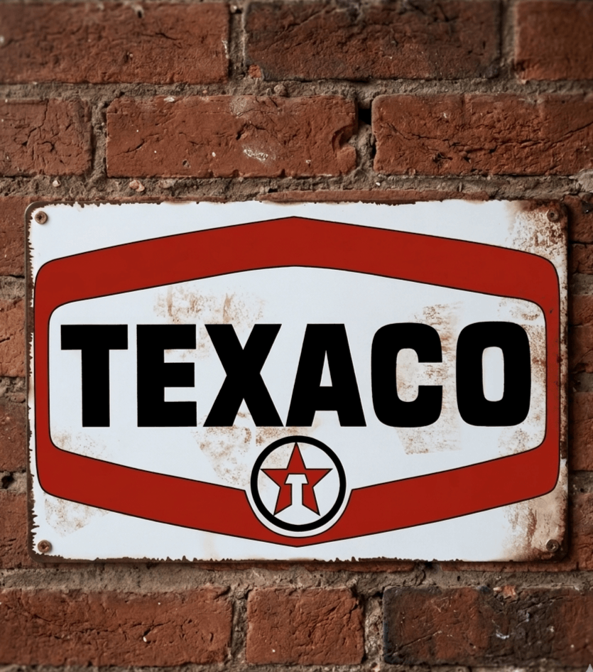 Horizontal vintage-style metal wall sign for Texaco, featuring the brand name in bold black block letters within a red geometric border and the 'T' star logo on a distressed white background, mounted on a brick wall.