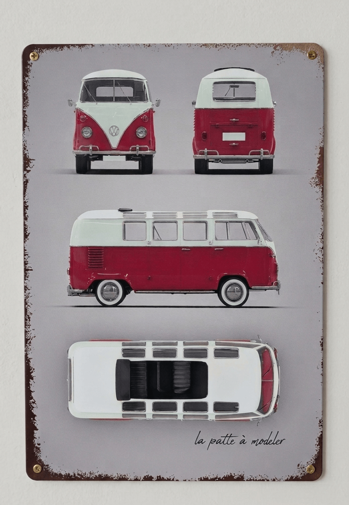 Vertical vintage-style metal wall sign featuring multi-angle studio orthographic views—front, rear, side, and top-down overhead—of a classic red and white 23-window VW split-screen campervan against a neutral gray background with heavily rusted borders and cursive text at the bottom.