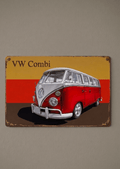Vintage-style metal wall sign featuring a classic red and white Volkswagen Combi camper van against a yellow, orange, and brown striped background with a distressed finish