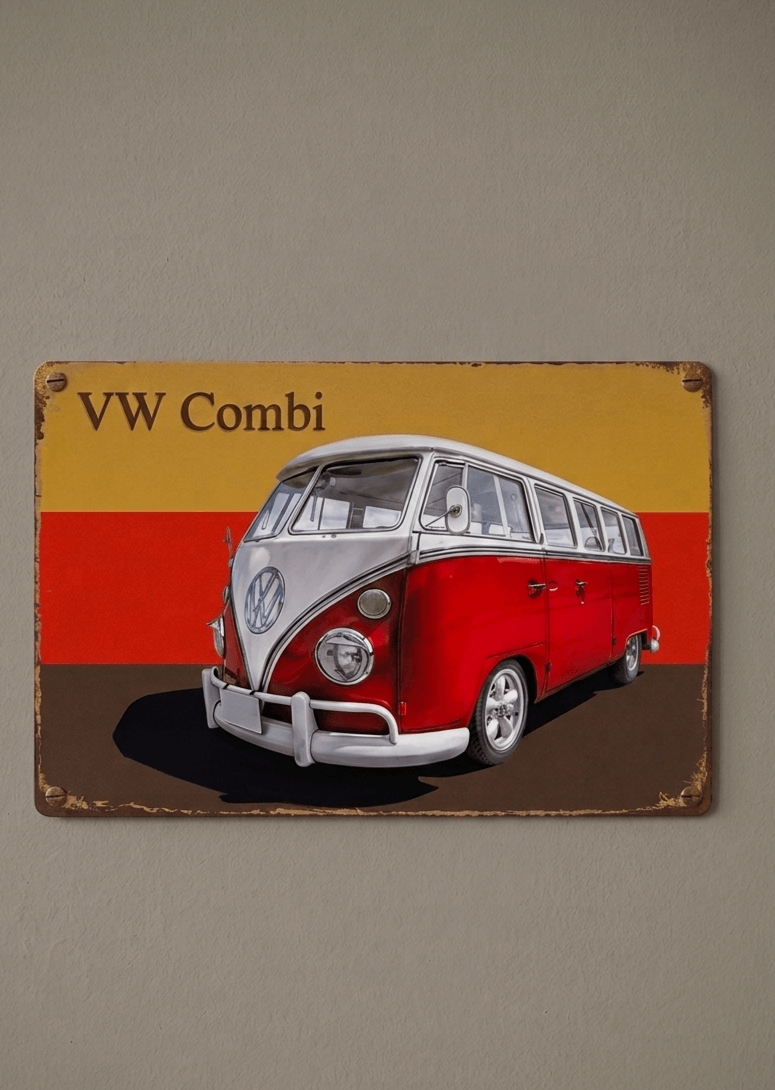 Vintage-style metal wall sign featuring a classic red and white Volkswagen Combi camper van against a yellow, orange, and brown striped background with a distressed finish