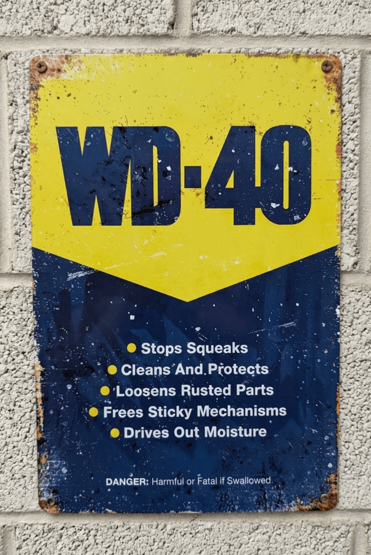 Vintage-style WD-40 metal wall sign featuring the classic blue and yellow shield logo, a list of product uses, and heavily distressed, rusted edges against a white brick wall.