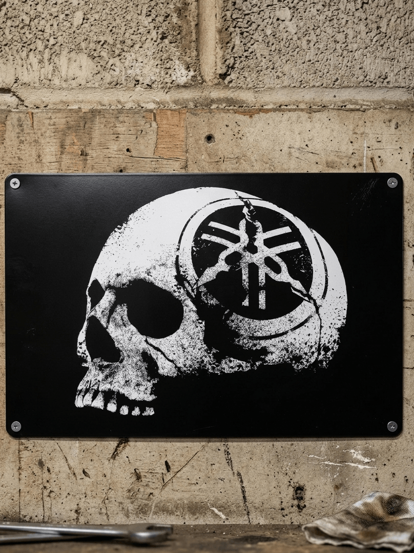 Horizontal matte black metal wall sign mounted on a concrete block wall, featuring a distressed white graphic of a human skull facing sideways with the iconic Yamaha tuning forks logo insignia stamped onto the side of the temple.